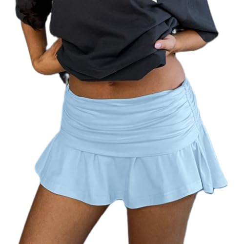 Women Y2k Stretchy Mini Skirt Fold Over Low Waist Ruched Pleated Flared Skirt Summer Casual Cute Going Out Streetwear2