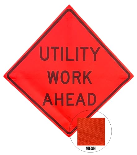 Image of OrangeGear 36 inchx36 inch Utility Work Ahead Mesh Sign & Steel Spring Stand | MUTCD TTC compliant orange mesh roll-up sign kit with fiberglass cross ribs and single-spring steel stand.