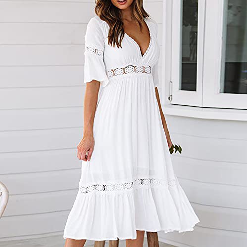 Vestido de casamento feminino decote em V profundo renda renda renda manga curta madrinha noite maxi