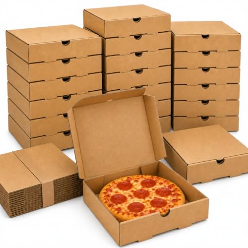 RHBLME 30 Pack Pizza Boxes, 7.3 x 7.3 x 1.6 Inch Small Pizza Boxes Corrugated Cardboard Pizza Box, Reusable Kraft Pizza Box Bulk Takeaway Packaging Boxes, Keeps Pizza Cake Cookies Fresh