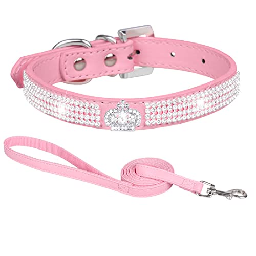 HALFSUMO Rhinestone Dog Collar Leather Dog Collar for Dogs Sparkly Rhinestone Studded Dog Collars for Pets Puppies Cats Combined Set including Leash