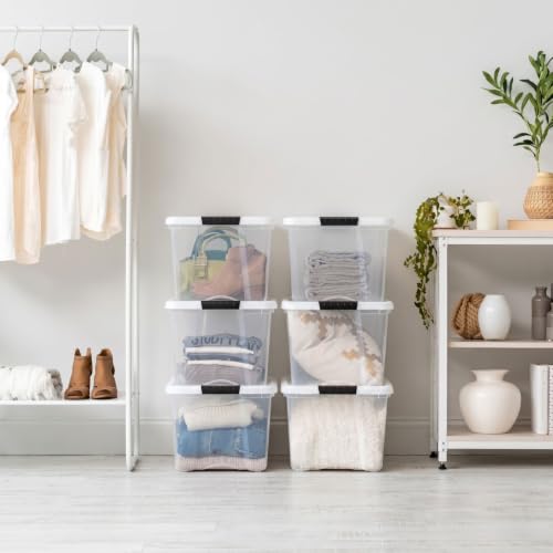 Image of IRIS USA 40 Qt Storage Bins with Lids, 6 Pack, Clear /White | Versatile storage for clothing, linens, seasonal decor, closet organization, and shelving units.