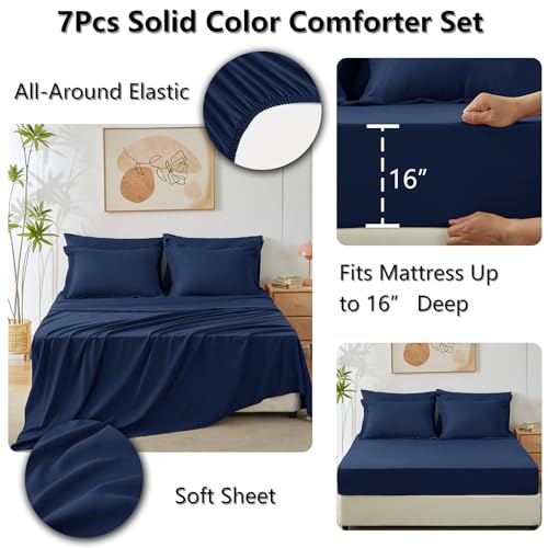 CozyLux Full Comforter Set Navy Blue, 7 Pieces Bed in a Bag, Bedding Comforter Set with Sheets, All Season Boho 7PC Bed Sets with Comforter, Fitted Sheets, Flat Sheets, Pillow Shams and Pillowcases