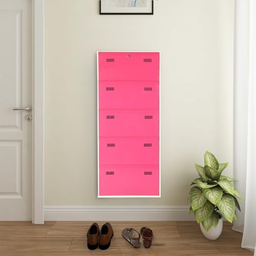 Image of Metal Shoe Rack Wall Mounted for Home with Central Locking 5 Door 28 inch Wall Mounted Metal 15 Pair Shoe Rack Cabinet Pre-Assembled Rack Shelves 3 Year Warranty (Pink & Ivory)