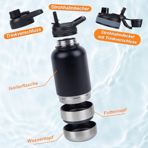 Trinkflasche Hunde für Unterwegs, 1000ml Edelstahl Hundetrinkflasche mit Tragbarer Schüssel, Wasserflasche für Hunde auf Reisen und Outdoor-Aktivitäten.