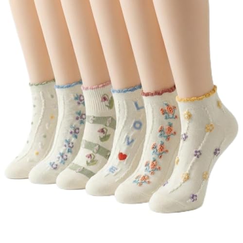 Soyezletop 6 Pairs of Women's Cute Ruffle Ankle Socks with Retro Patterns,Casual Short Design and Princess Flower Details.