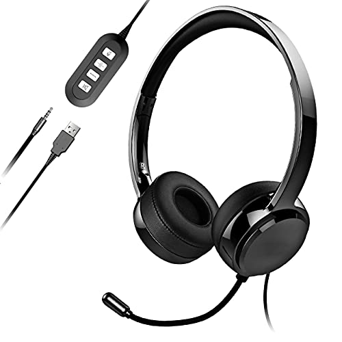 USB 3.5MM Computer Headset with Microphone Noise Canceling, Stereo Wired Headset for Laptop with in-Line Control, Comfort-Fit Work Headset with Flexible Mic for Home Office, Call Center, School