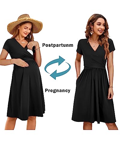 Image of OUGES Maternity Nursing Dress Breastfeeding Short Sleeve V Neck Casual Pregnancy Clothes with Pockets