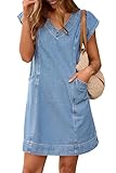 Pink Queen Denim Mini Dress for Women 2026 Spring Summer Vacation Short Sleeve Jean Shirts for Women Casual Dresses with Pockets Beach Holiday Date Night Outfits Dusk Blue L