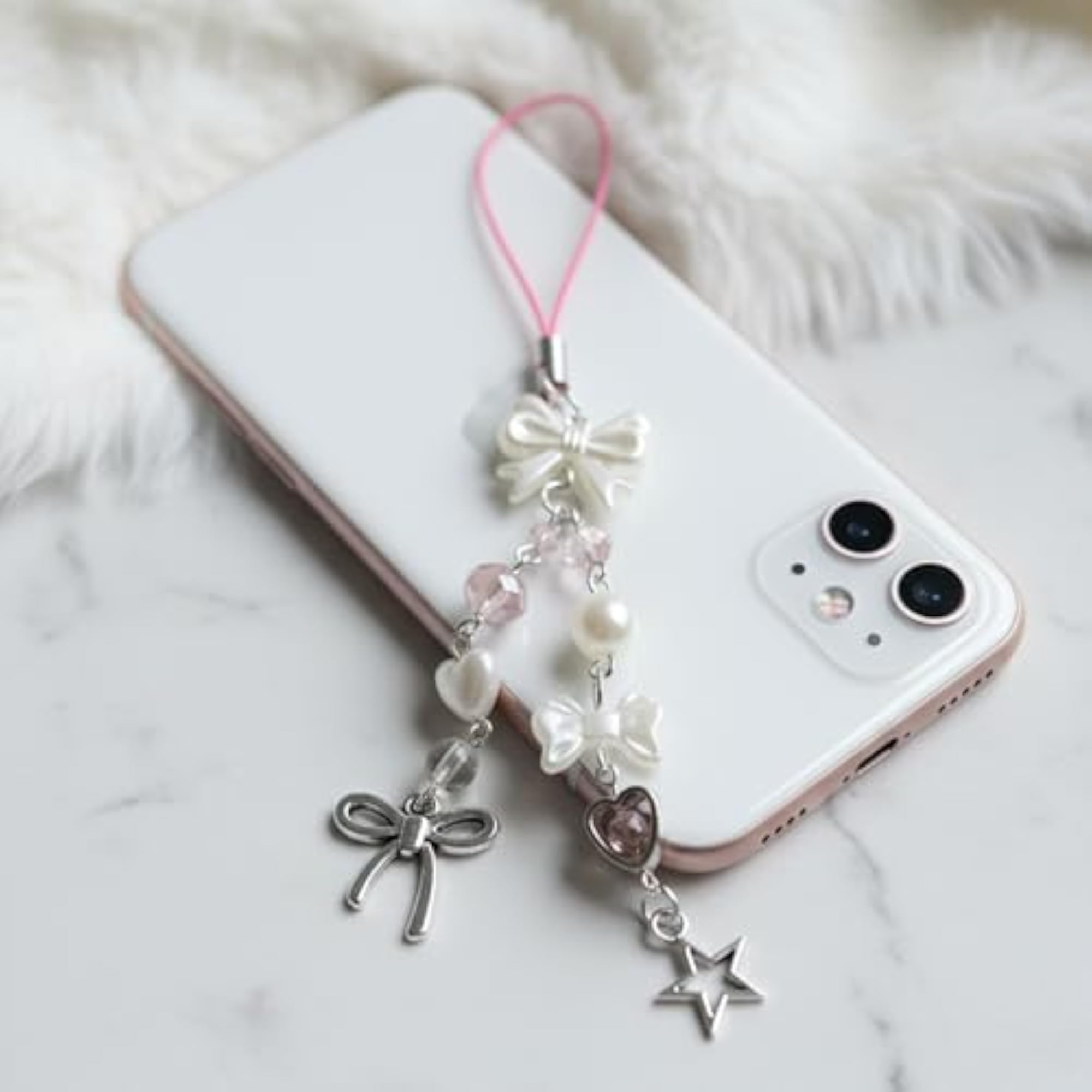 SNOWY Silver Bow Phone Charm, Handcrafted Pendant