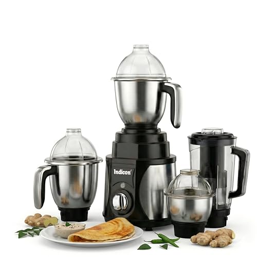 Indicon Rover 1350W Copper Motor Mixer Grinder with 4 Jars (3 Stainless Steel + 1 Juicer Jar), 3-Speed Control, Heavy Duty Grinding & Blending for Kitchen, Unbreakable ABS Body, Black