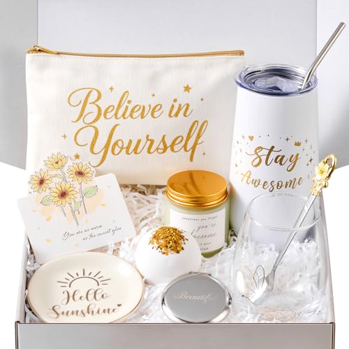 Inspirational Gifts for Women, Birthday Encouragement Gifts Basket, Stay Awesome Tumbler, Self Care Package Get Well Soon Gift for Her, Mom, Teacher, Sister, Friend, Golden Birthday Gift Ideas