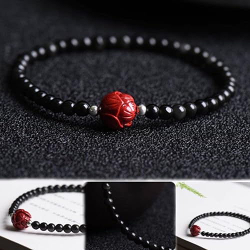Bracelet obsidienne noire et cinabre de 4 mm, le cadeau idéal pour souhaiter la bonne chance