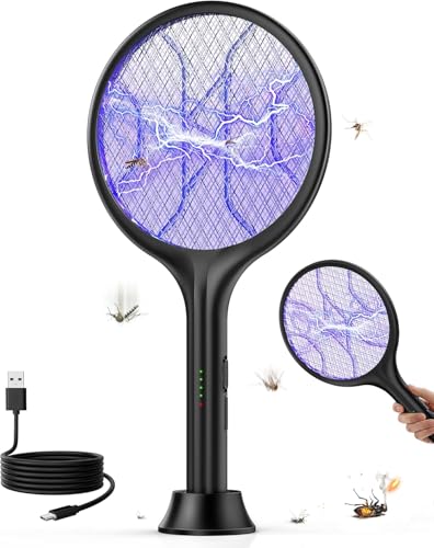 VIWAVE Elektrische Fliegenklatsche Extra Stark 4000V 2-in-1 Elektrische Mückenklatsche mit UV-Licht & Standfuß 1800mAh Akku Wiederaufladbar USB-C 3-lagiges Sicherheitsnetz Schwarz