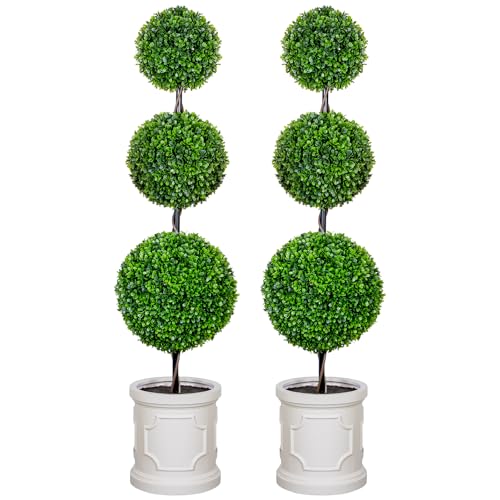 VIVATREES 4FT Artificial Triple Ball Topiary Trees with Roman Style Vintage White Planter Pot...