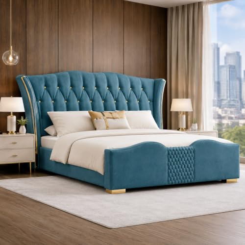 Image of Upholstered Queen Size Bed with Box Storage for Bedroom | Wooden Double Bed with Wooden Ply with Storage | Platform Cot Palang with Headboard | 6.5 x 5 Ft | Sheesham Wood | Teal Blue