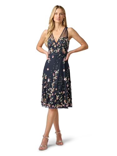 Image of Adrianna Papell Women's Floral Beaded Knee Length Dress with Sheer Neckline
