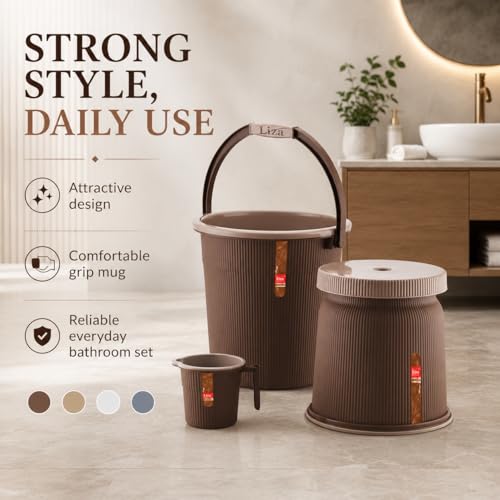 Image of Plastic Bathroom Set with Mug Patla /Stool | Bath Accessory Set (25 Liter Bucket+ 1 Liter Mug+Big Stool) (Dark Brown)