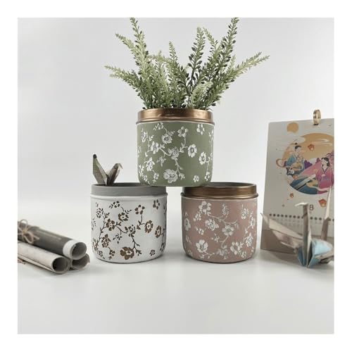 Pot de fleurs à bords dorés et ciment blanc en relief floral - 8