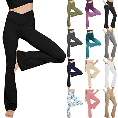 Women's V Crossover Yoga Pants Flared Bootcut Leggings High Waisted Sweatpants Solid Tie Dye Gradient Workout Pants A-Black #TOP9