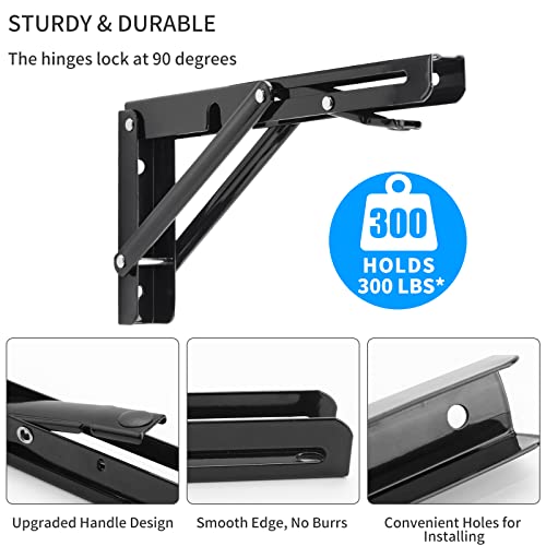 Image of YUMORE 10 Inch Folding Shelf Bracket, Heavy Duty L Bracket, Black, 2 Pack | 330 LB Load Capacity, Foldable Locking Design, Easy Release Lever, Easy Installation, Includes Hardware