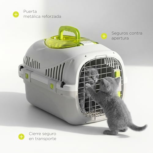 Miniatura 4 de Peluvio Safy Transportín Para Gatos Rígido, Carcasa Pp, Puerta De Metal Con Doble Cierre Seguro, Ventilación 360, Asa Plegable, Rejilla Para Empapador Y Cuenco Colgable, Para Coche Y Viaje, Hasta 5 Kg