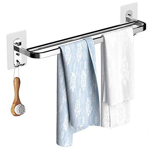 Toalleros Baño Acero Inoxidable, Toallero Adhesivo Sin Taladro 58cm Barra Doble con Doble Ganchos -2 Ganchos Pequeños y Guantes como REGALO, MENNYO Accesorios Baño Cocina