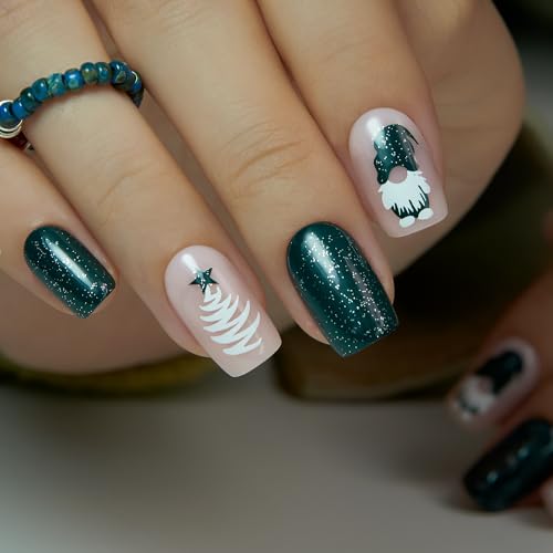 Image of Curvlife Press on Nails Acrylic Square Fake Nails with Design Full Cover False Nails for Women Reusable Nail Kit (Green Christmas, 30pcs)