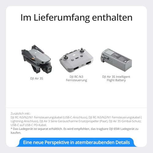 DJI Air 3S (RC-N3), Drohne mit 4K-Kamera, Dual-Kameradrohne mit 1 CMOS Weitwinkelkamera, 4K/60fps HDR Video und Dynamikumfang von 14 Blendenstufen