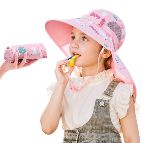 Image of SNOWIE SOFT Wide Brim Sun Hat for Kids Girls with Neck Flap Shawl, UPF 50+ Adjustable Chin Strap Sun Protection Hat for Girls 2-10 Years Old, Summer Breathable Sun Visor Hat Windproof Beach Hat