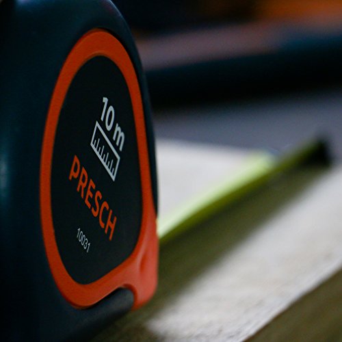 Presch Bandmaß 10m - Robustes Profi Maßband vernietet mit Gürtelklemme und Aufrollsystem - Rollmeter 10m mit Feststeller