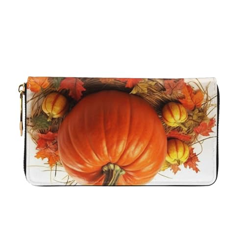 Fall Pumpkin Women Wallets Leather Zip Around Clutch Purses Waterproof Credit Card Holder With Phone Holder Ladies Travel Coin Purse2