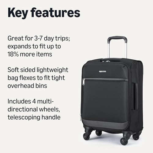 Image of Amazon Basics 18 inch Medium Carry-On Softside Expandable Suitcase with 360-Degree Spinner Wheels, Telescoping Handle, Zippered Pocket and Straps, Black