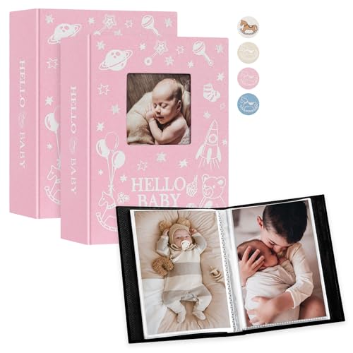 Lanpn Album de Foto Bebe 2 Pack, Lino Baby Photo Album 10x15 100, Libro Recuerdo Infantil Nacimiento, Mini Albums para Bolsillo Photo con Insertar Ventana, Regalo Recien Nacidos Niño Niña Rosa