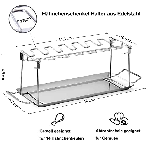 LyximGss Hähnchenschenkel Halter mit Platz für 14 Keulen -Hähnchenkeulenhalter aus Edelstahl mit Auffangschale, Gleichmäßig Gegarte Hähnchenkeulen aus dem Backofen oder vom Grill