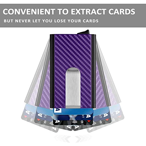 Image of MOSIYEEF Slim Leather Card Holder RFID Wallet for Men - Minimalist Pop Up Men Wallet with Money Clip-wrapped Compact Carbon Fiber Wallet for 6 Credit Cards - Gifts for Him, Lilac Purple