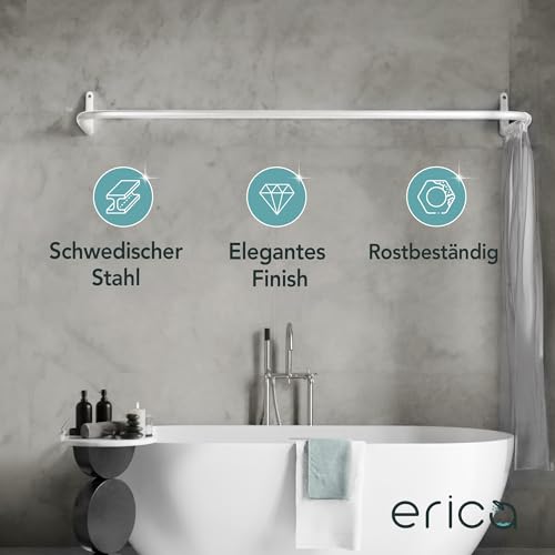 Erica Duschstange U Form, 70x165x70 cm, Montage Gegen die Wand, Eckduschstange für Badewanne ohne Halterung an der Decke, 100% Rostfrei (weiß)