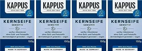 Kappus Kernseife sensitiv 4er Pack (4 x 150g) milde Seife ohne Duftstoffe vegane Naturseife für empfindliche Haut plastikfrei verpackt