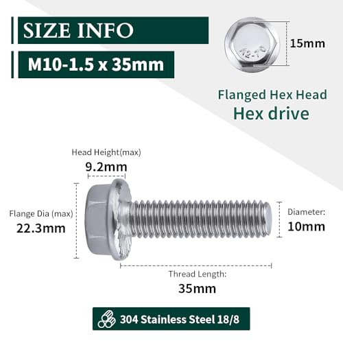 Image of M10-1.5 x 35mm Hex Flange Bolt (1.38 inch Thread Length), DIN6921, Serrated Locking Flange, 304 Stainless Steel, UNC Full Thread, 10-Pack