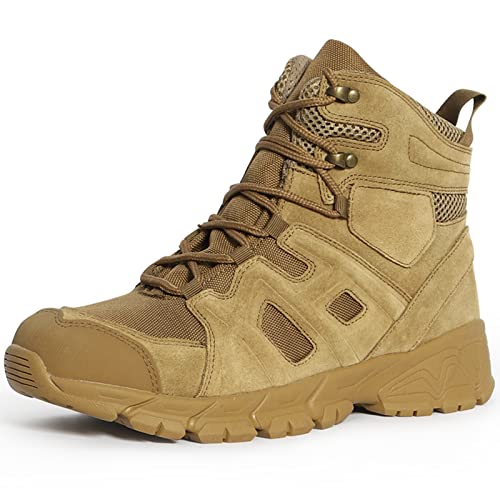 YUHAI Botas de Combate de Seguridad para Hombre, Botas tácticas Impermeables de Piel de Vaca, Ligeras y Transpirables para Senderismo, Caza, Trabajo, Caminar,Brown-43(UK8.5) Cover