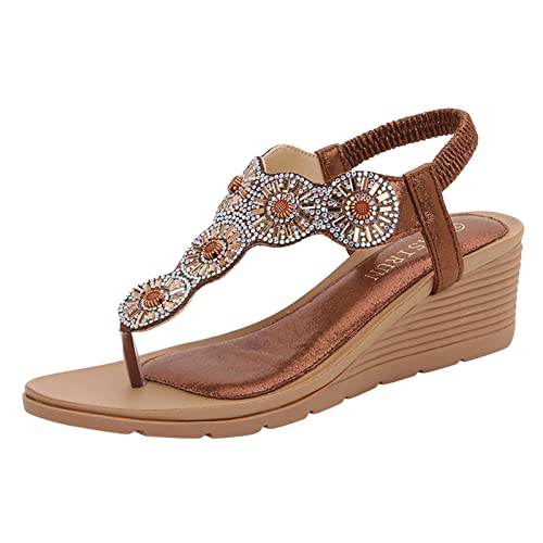 Sandales compensées or femmes chaussures de plage bohème à strass