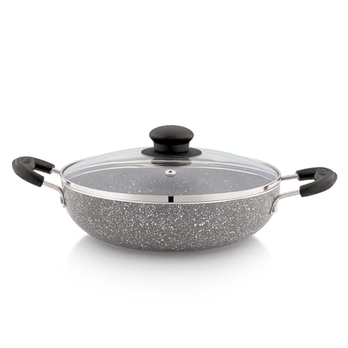 Image of Amazon Solimo Non-Stick Kadai with Glass Lid | Granite Finish | Induction Base | PFOA Free | High Temperature Resistant Exterior Coating | 22 cm | Grey