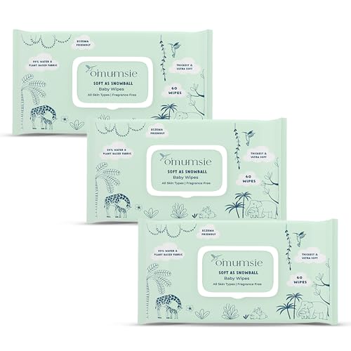 Image of Omumsie 99% Pure Water (Unscented) Baby Wipes | Made With Thickest Plant Based Cotton Fibers | 60 pcs per pack (Pack of 3)