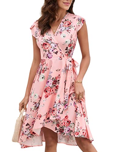 YesFashion Damen Kleid Elegant Sommerkleider Casual Kurzarm Wickelkleid Strandkleid Lange Blumenkleid Partykleid Rosa XL