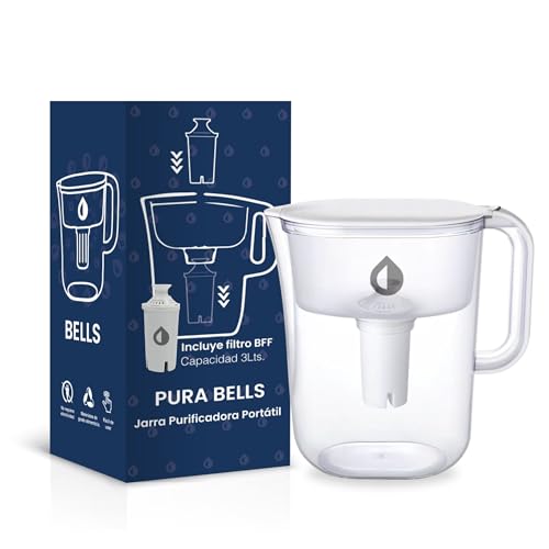 La Mejor Selección de Jarras con filtro al mejor precio. 43 PURA SOMOS AGUA | Jarra Bells - Jarra Filtro Purificadora de Agua Portátil, 3 Litros, Sin Instalación, Diseño Compacto y BPA Free