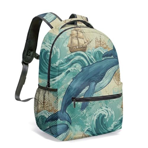 Blue Whale Vintage Nautical Map - Mochila de 40,6 cm, diseño de brújula de velero antiguo, ilustración 360, bolsa de aventura marítima, 03., L, Casual