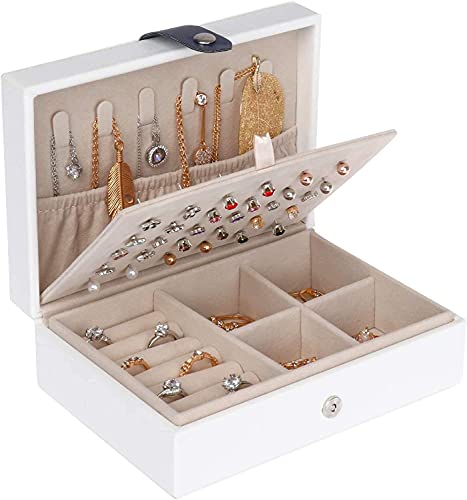 Petite boîte à bijoux en cuir PU blanc compacte avec finitions haut de gamme