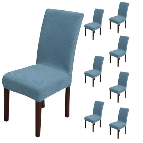 Image of House of Quirk Elegant Jacquard Chair Cover - 220 GSM Stretch Fabric, Universal Fit, Washable Short Dining Seat Protector Slipcover (Light Blue, Pack of 8)