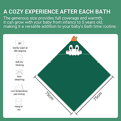 Image of MICHLEY Bamboo Viscose Baby Hooded Bath Towel for Boys and Girls, 29.5 x 29.5 Inch Ultra-Soft and Quick-drying Infant Bath (Dinosaur)