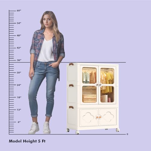Image of ALOXE Plastic Wardrobe | Foldable Cupboard for Clothes & Bedroom Storage | Stackable Almirah with Wheels for Home & Kids | 1 Layer